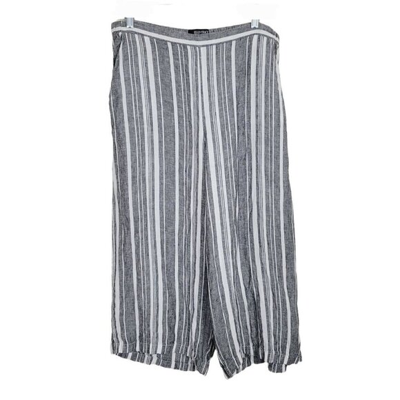 Ellen Tracy Med 100% Linen Striped Pants Wide Leg Cropped Gray & White Coastal - Picture 1 of 6